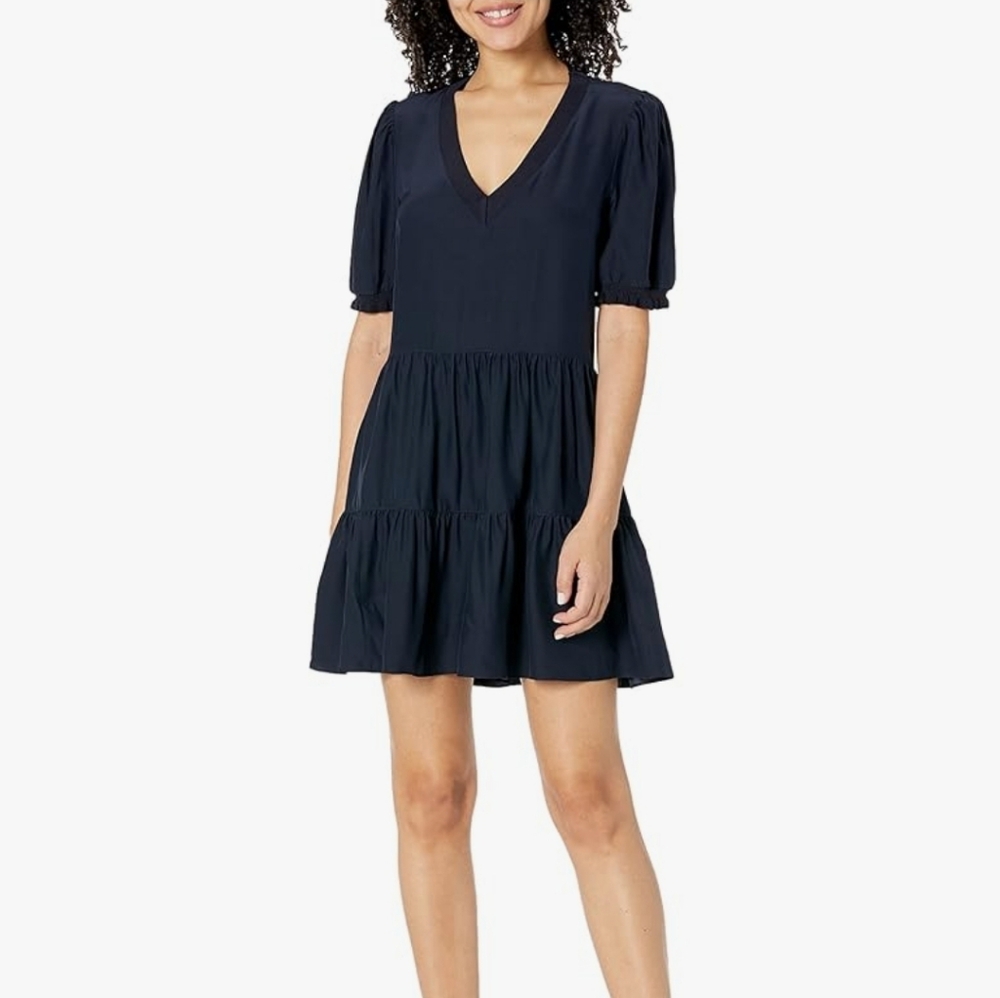 cinq a sept Navy V‑Neck Tiered Mini Dress